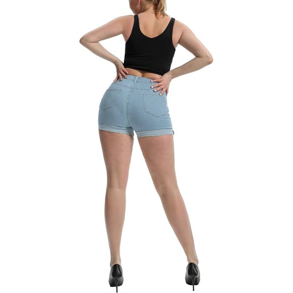 Women's High Waisted Summer Elastic Jean Shorts Folded Hem Hot Denim Shorts - Picture 5 of 5